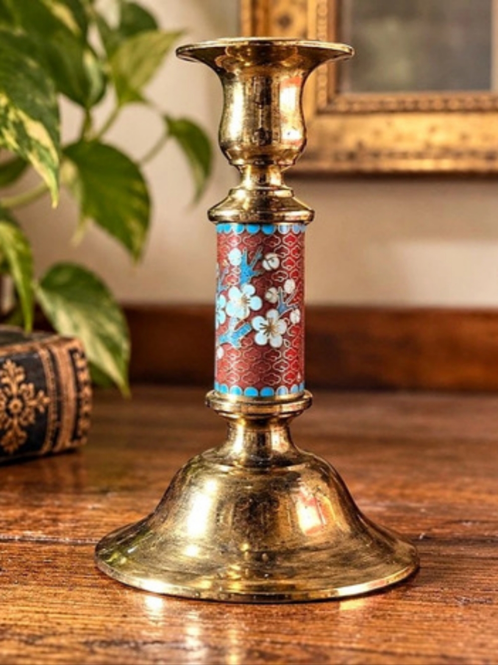 Vintage Brass Cloisonné Style Floral Enamel Candlestick Holder 7"